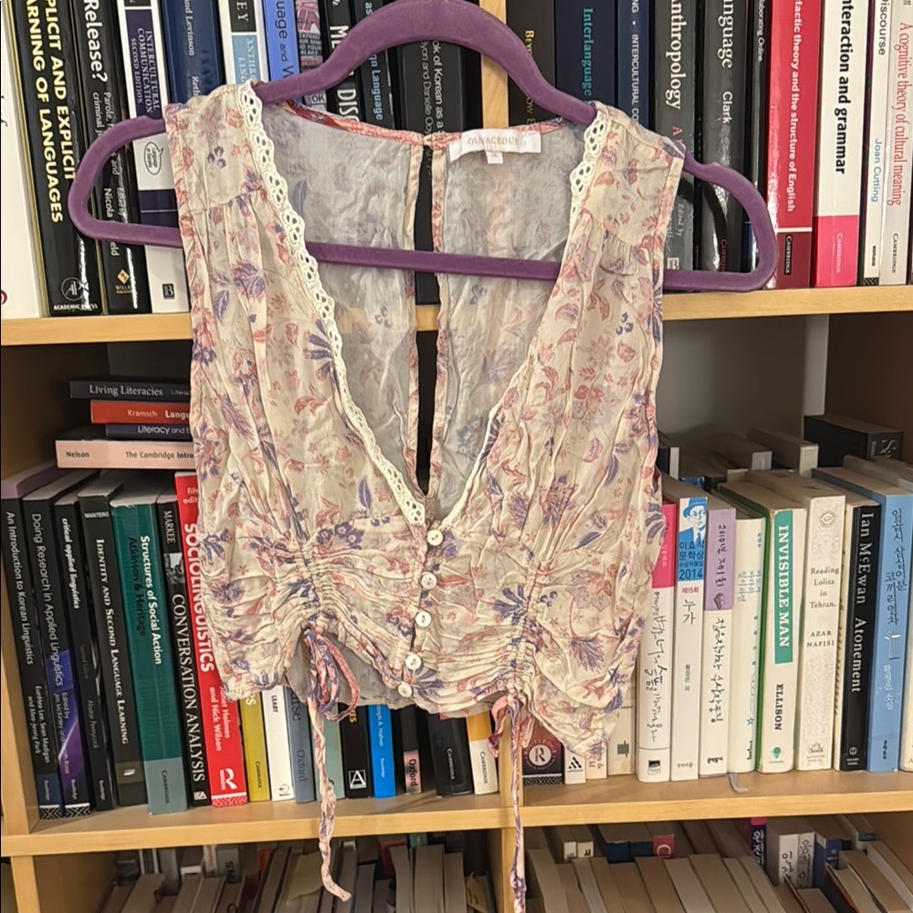 Olivaceous Sheer Floral Button-Down Crop Top